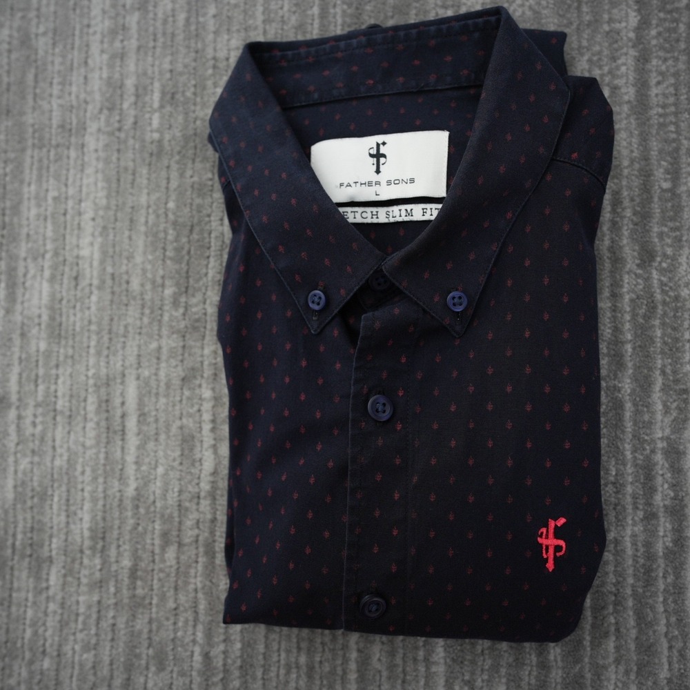 Father Sons Shirt Men Button Down Navy Blue Short Sleeve Stretch Slim Fit Large